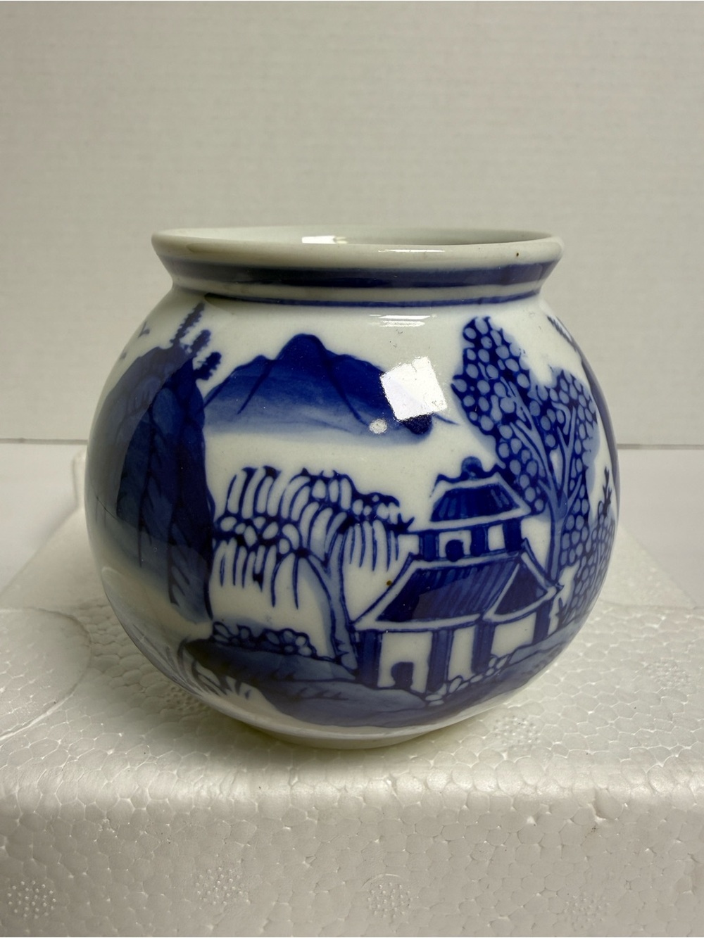 Vintage Chinese Blue & White Porcelain Ginger Jar Landscape Planter Vase